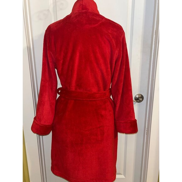 Lauren Ralph Red Plush Robe Bathrobe Monogram Logo Womens Size M Soft Cozy Shawl - Picture 4 of 7